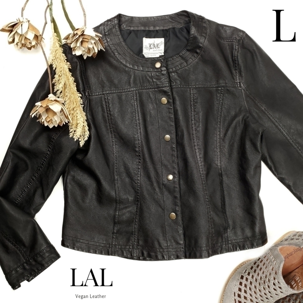 LAL Black Vegan Leather Jacket Sz L